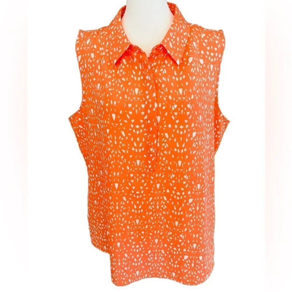 LOFT orange/white abstract print sleeveless button front top size L.